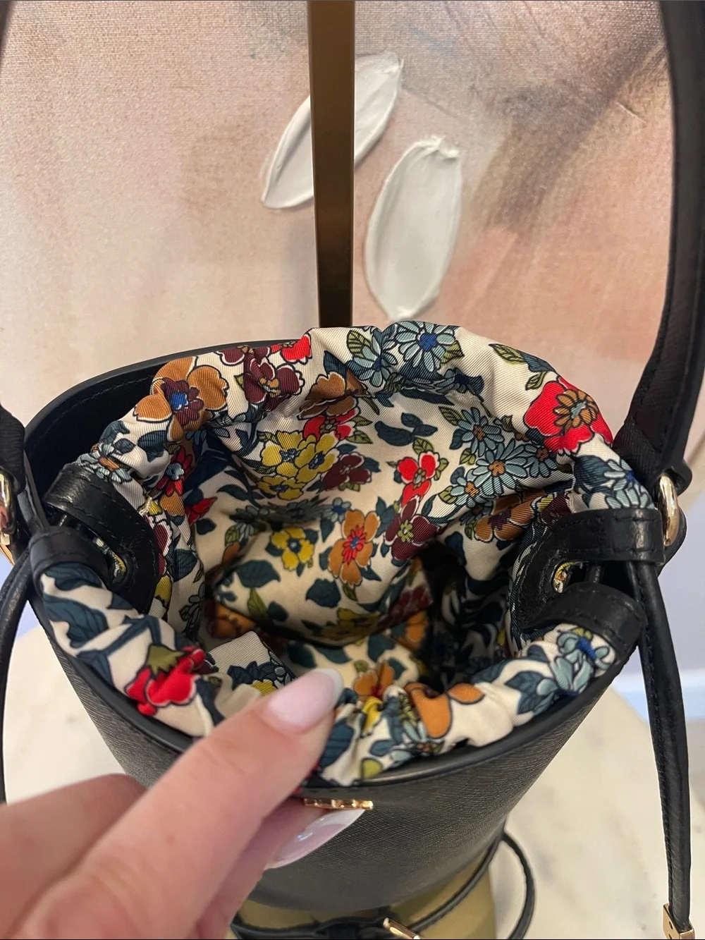 Tory Burch Black Leather Bucket Bag with Floral Lining & Drawstring